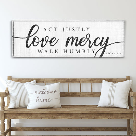 Act Justly Love Mercy Gray Script canvas shown in a styled room setting, view 2