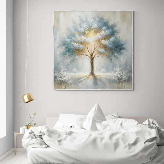 Blue Tree in Golden Light canvas shown in a styled room setting, view 2