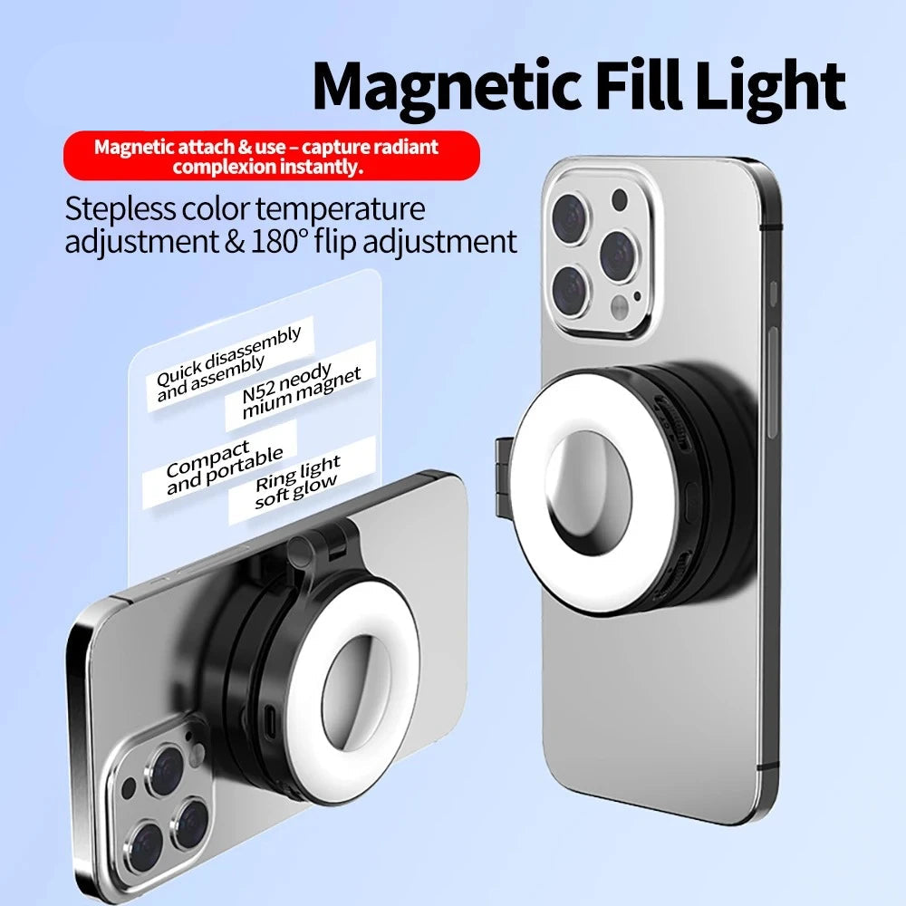 Magnetic Fill Light attachment on a smartphone with features highlighted on a light blue background.