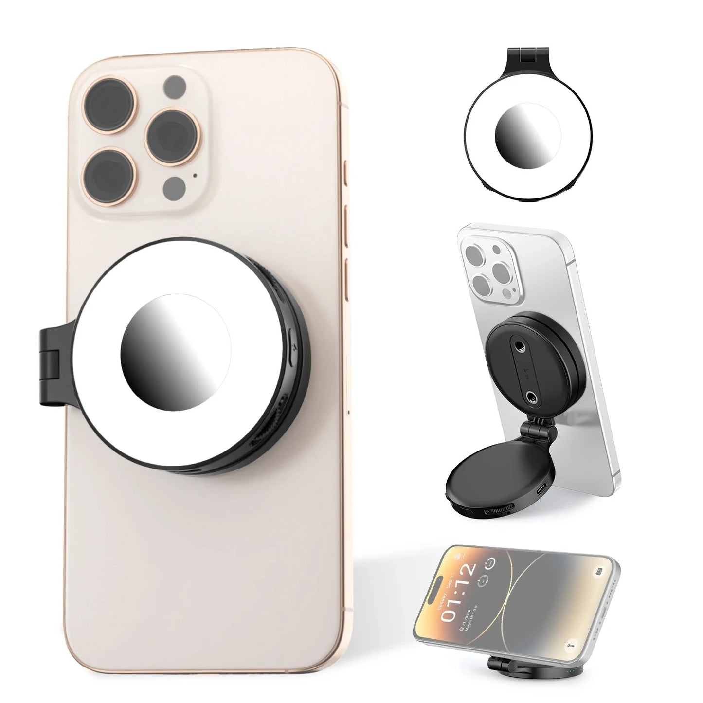 Magnetic selfie light attached to iPhone with soft ring glow