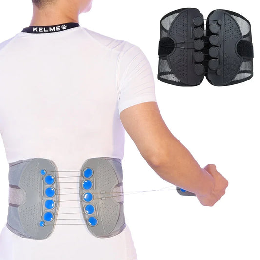 Man tightening a grey adjustable drawstring back brace, shown from the rear and side.