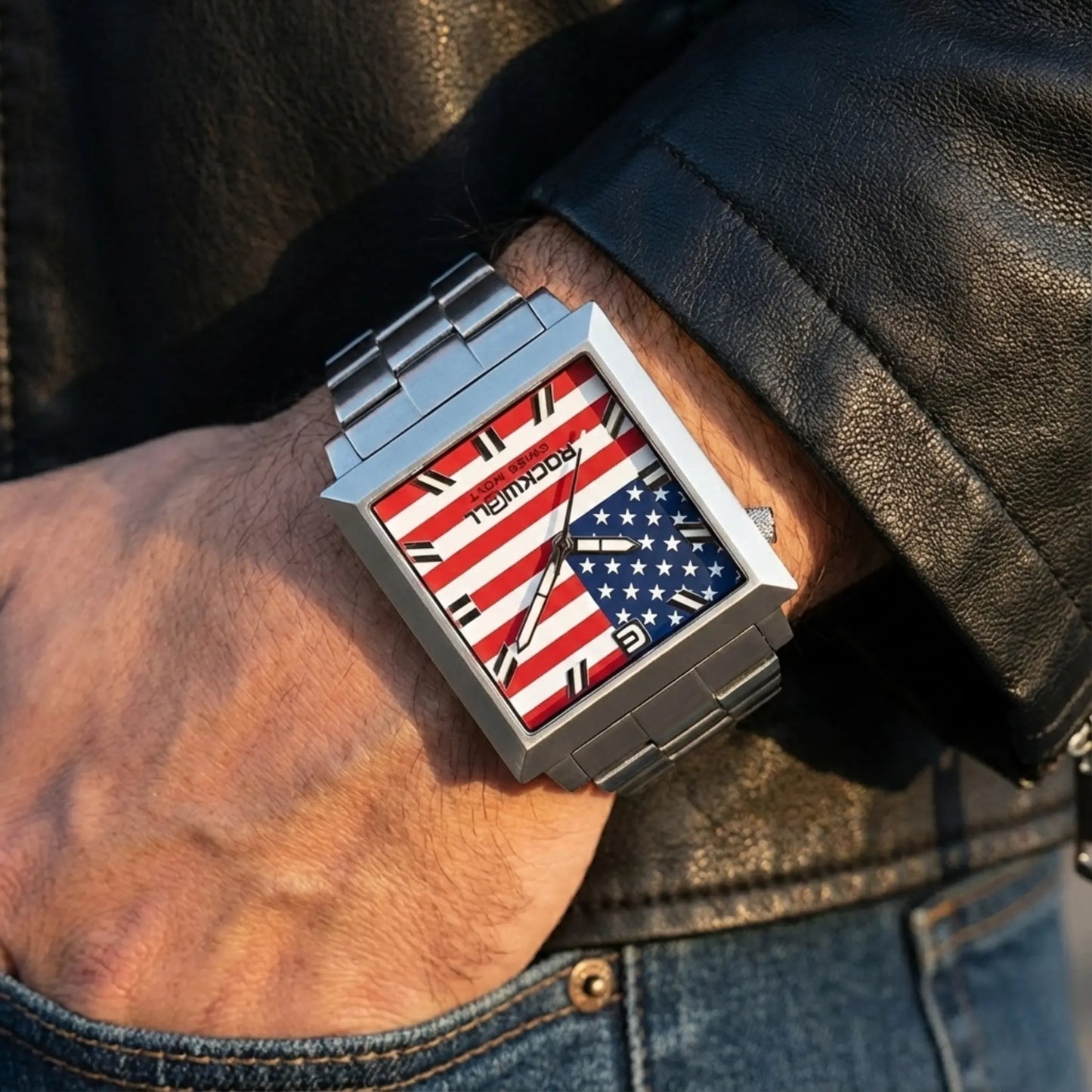 Man wearing American flag watch Swiss Ronda movement premium mens timepiece silver case