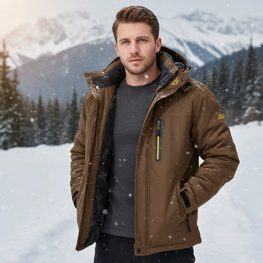 Man wearing a brown winter sky jacket in a snowy mountain landscape
