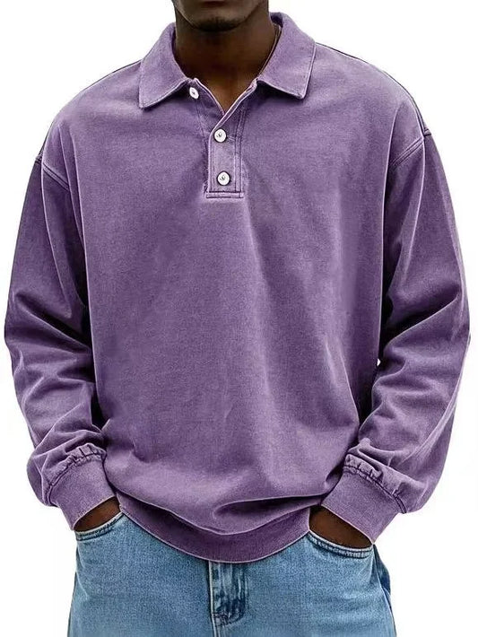 Men’s long-sleeve polo sweatshirt in Purple featuring a washed vintage texture