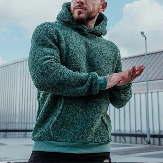 Men’s plush hoodie sweatshirt in dark green – warm thick fleece pullover for winter comfort