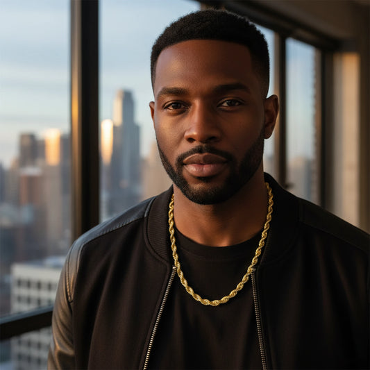 Men wearing solid gold rope chain 7mm diamond cut