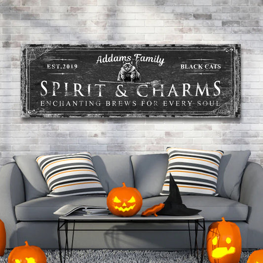 Black Cat's Spirits and Charms Bar Halloween Canvas Wall Art
