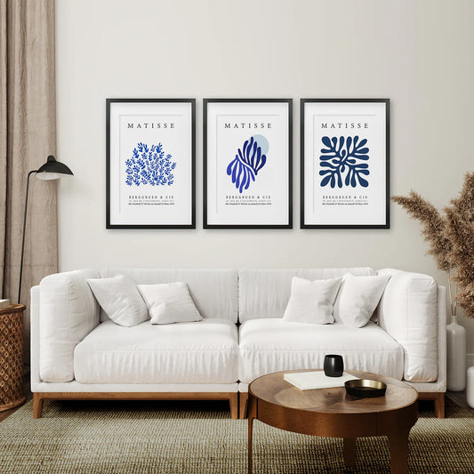 Navy Blue Abstract Wall Art Set of 3, Modern Cutout Prints