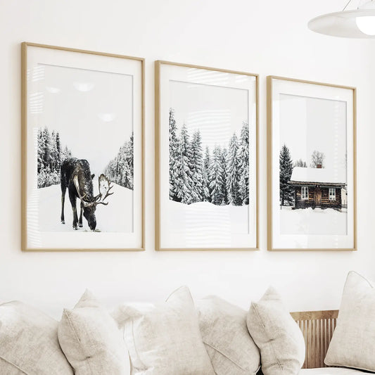Winter Moose Wall Art Set of 3 Forest Prints
