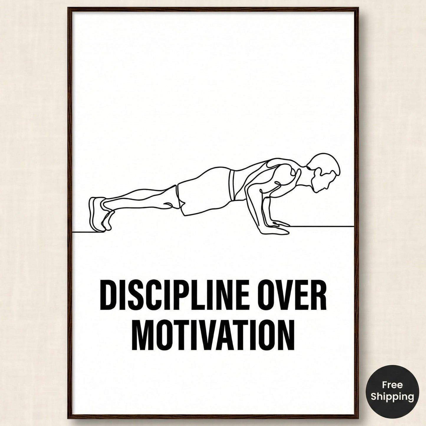 Motivational poster with a push-up illustration and 'Discipline Over Motivation' text on a white background.
