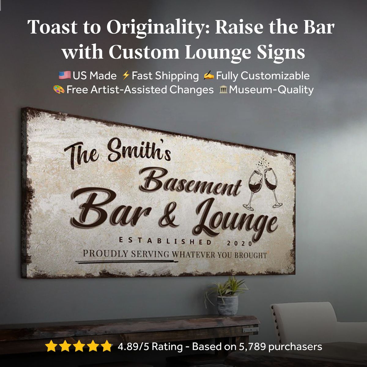 Basement Bar And Lounge Canvas Sign