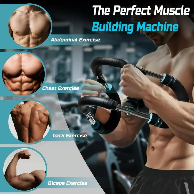 Muscle building machine showing abdominal, chest, back, and biceps exercise capabilities with arm resistance trainer