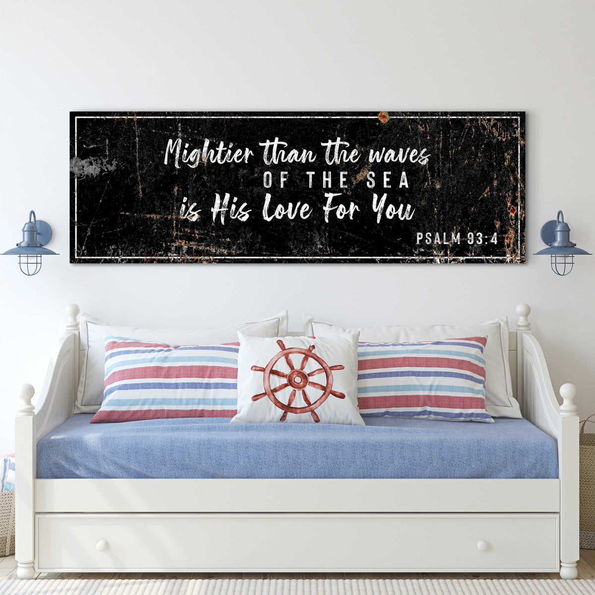Long black rust-look canvas sign with a Psalm 93:4 verse in white brush script above a white daybed, style 2