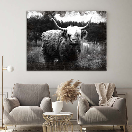 Highland Cow in a Pasture canvas shown in a styled room setting, view 2
