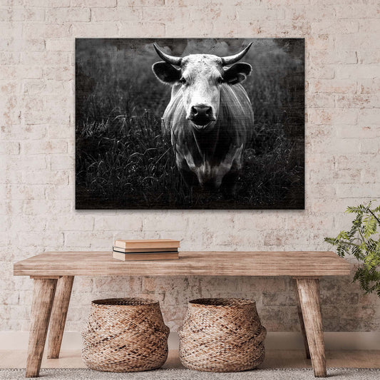 Black and White Cow Portrait canvas shown in a styled room setting, view 2