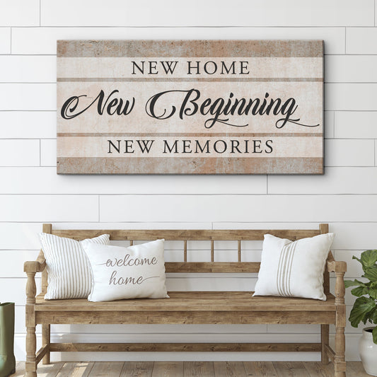New Home New Beginning Beige Whitewashed Plank-Look canvas shown in a styled room setting, view 2