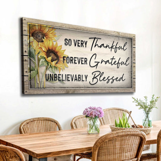 Thankful Grateful Blessed Sunflower canvas shown in a styled room setting, view 2