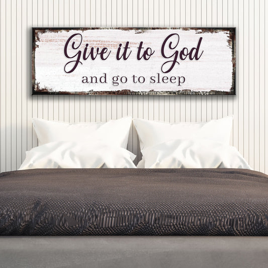 Give It to God Plum Script Sign canvas shown in a styled room setting, view 2