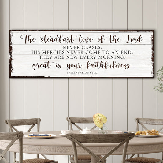 Lamentations 3:22 Steadfast Love Long canvas shown in a styled room setting, view 2