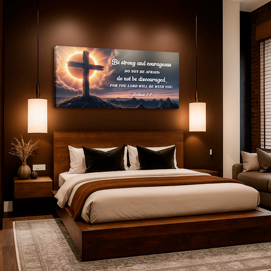 Joshua 1:9 Be Strong and Courageous Eclipse Sign canvas shown in a styled room setting, view 2