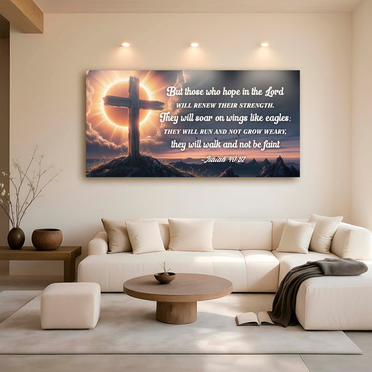 Isaiah 40:31 Wings Like Eagles Cross and Eclipse Sign canvas shown in a styled room setting, view 2