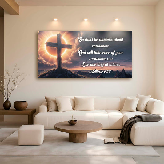 God Will Take Care of Tomorrow Matthew 6:34 Cross canvas shown in a styled room setting, view 2