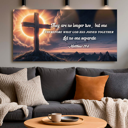 Matthew 19:6 No Longer Two But One Cross canvas shown in a styled room setting, view 2