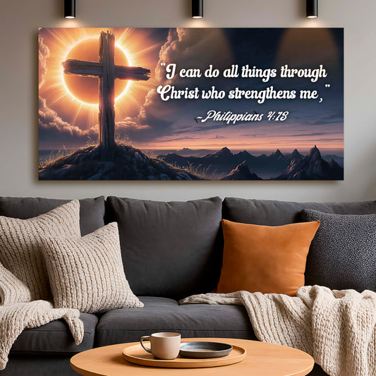 Philippians 4:13 I Can Do All Things Cross canvas shown in a styled room setting, view 2