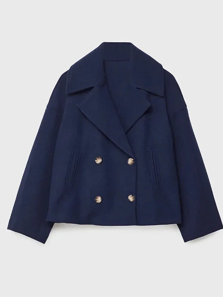 Navy Blue women's double breasted lapel blazer with notched collar and pocket detail