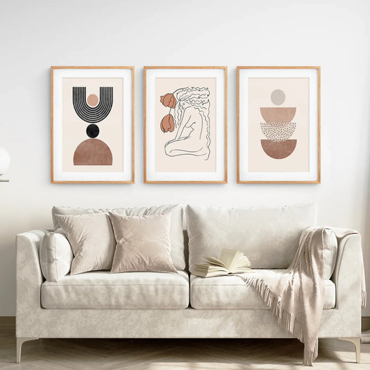 Boho Abstract Woman Wall Art Set of 3, Neutral Tones