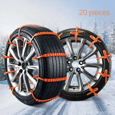 Pair of car tires equipped with disposable snow chains for winter driving