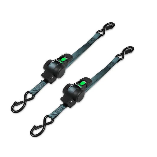 Pair of self retracting ratchet straps shown flat with reinforced webbing, black casing, green quick-release button
