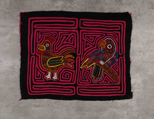 Rooster and Parrot Mola Tapestry Folk Art Wall Hanging