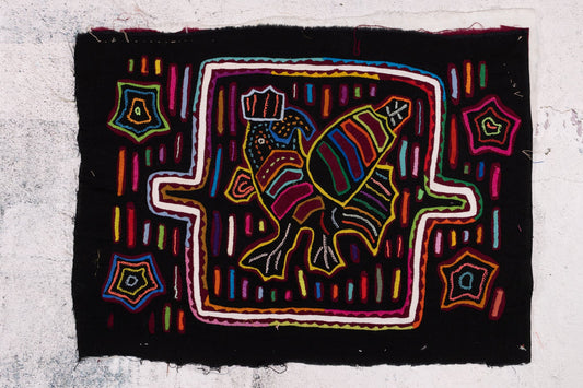 Black Rainbow Rooster Mola Tapestry Folk Art Wall Hanging
