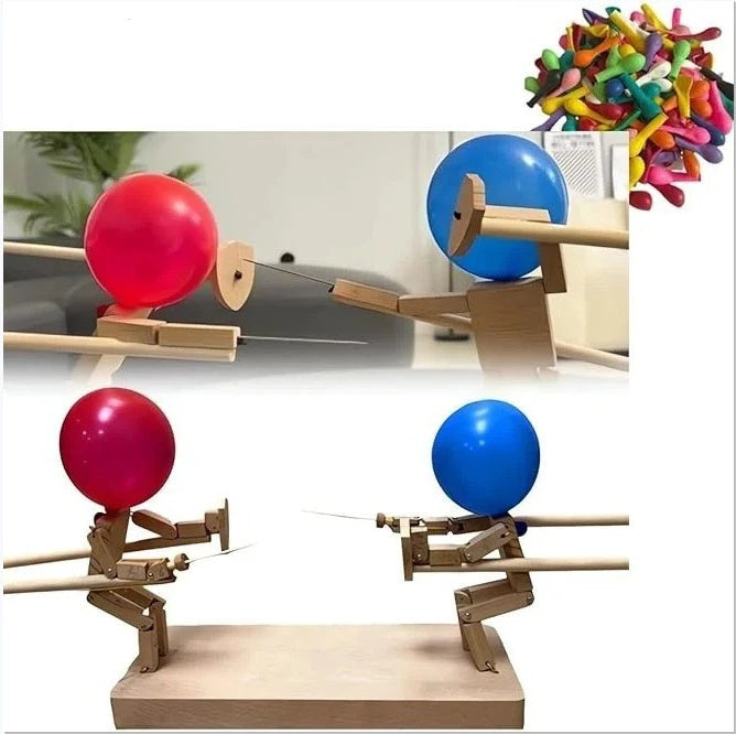 Party game showing balloon battle with wooden bamboo fighters