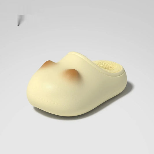 Pastel yellow cute cat paw house slippers side view