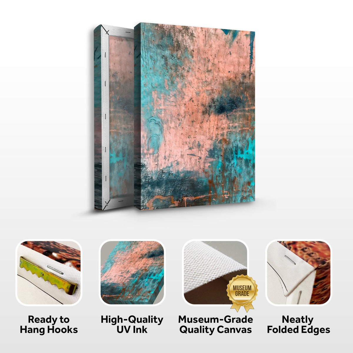 Coral and teal abstract canvas front and side, with text: Ready to Hang Hooks, High-Quality UV Ink, Museum-Grade Quality Canvas, Neatly Folded Edges