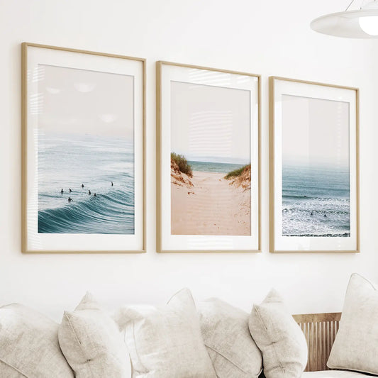 Modern Beach Wall Art Set of 3. Sandy Beach, Surfers