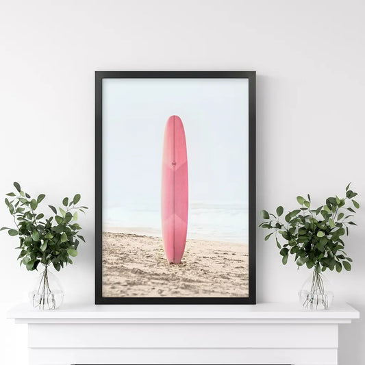 Pink Surfboard on Beach Print - California Coastal Art