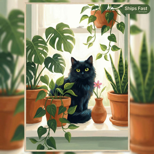 Plant Lover Wall Art — Cat & Houseplants Framed Poster