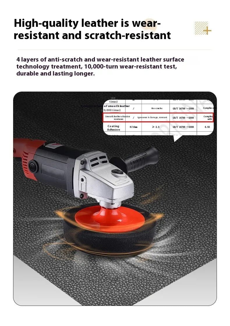 Polishing tool with red pad on a textured surface, highlighting wear-resistant leather scratch repair patch.