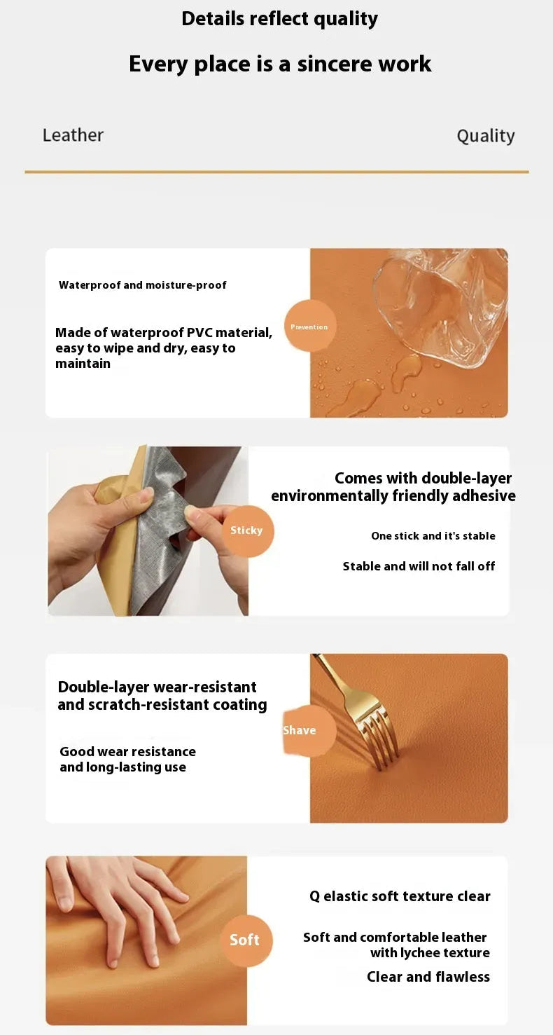 Product features of a leather repair sticky patches with text on quality and durability.