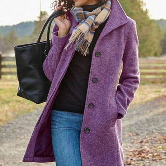 Purple single breasted lapel coat with button front closure and notched collar