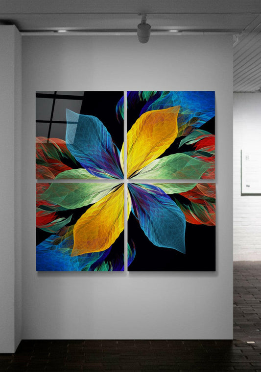 Rainbow flower on black glass panels in a 2x2 square on a white wall in a narrow hallway