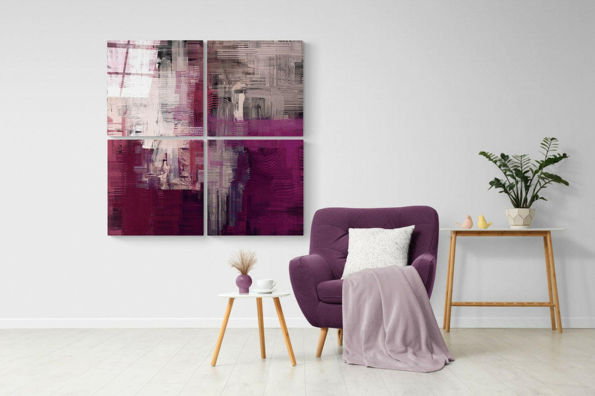 Brushed magenta four-panel glass set on a white wall above a plum armchair and a small side table