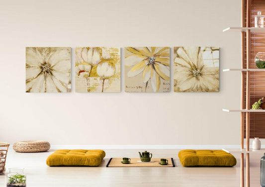 Cream flower glass panels in a single row above yellow floor cushions and a low tea tray