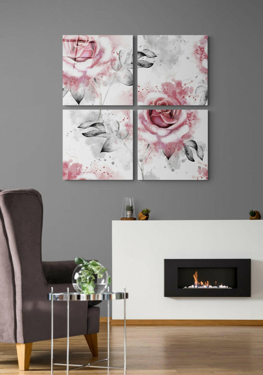Pink rose glass panels on a gray wall above a white fireplace beside a plum wingback chair