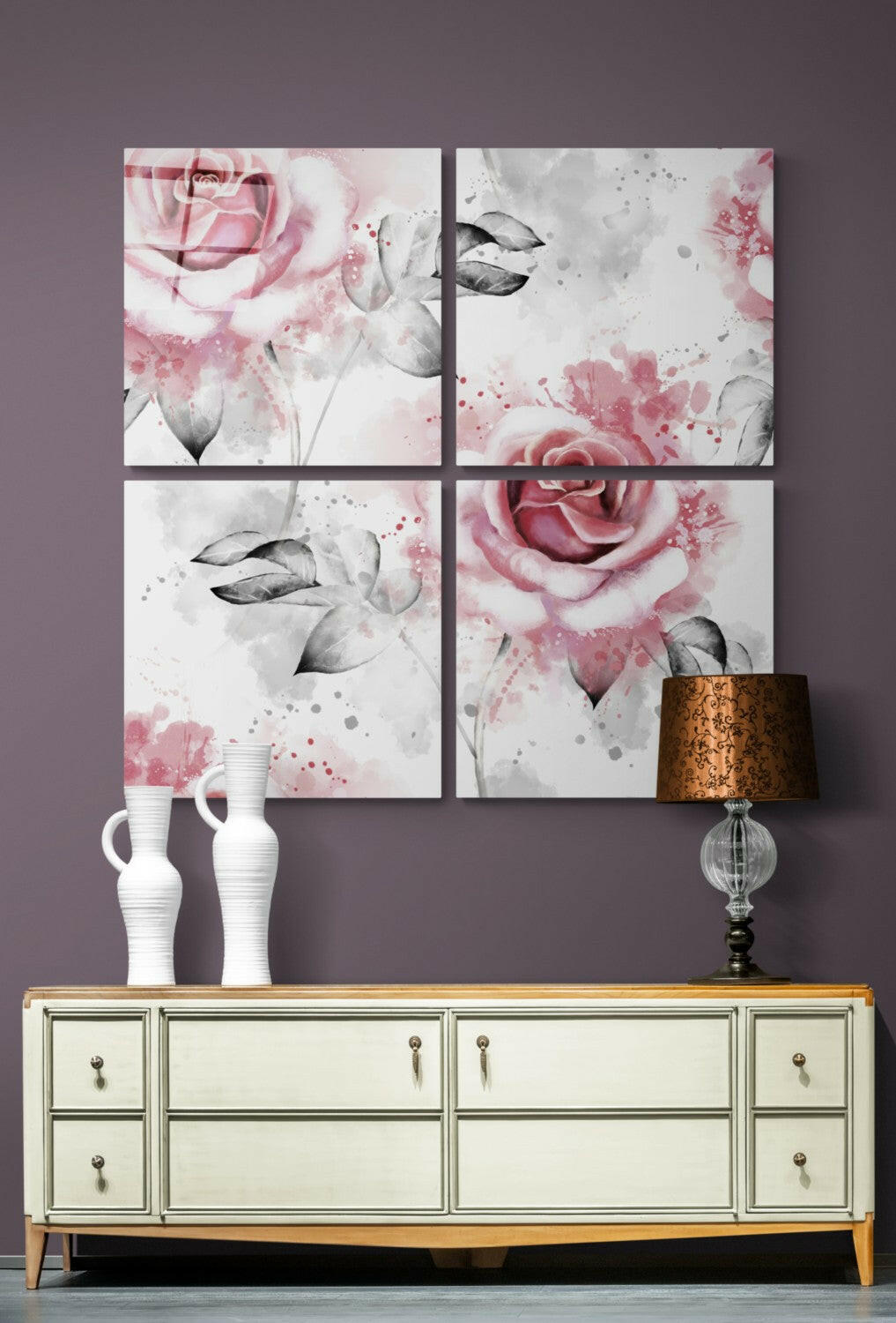 Watercolor roses four-panel glass set on a plum wall above a cream sideboard with white vases