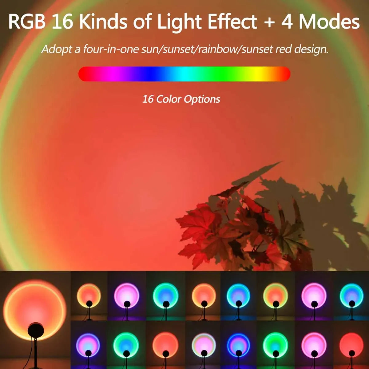 RGB sunset light effect with 16 color options and four modes on a sunset design background.