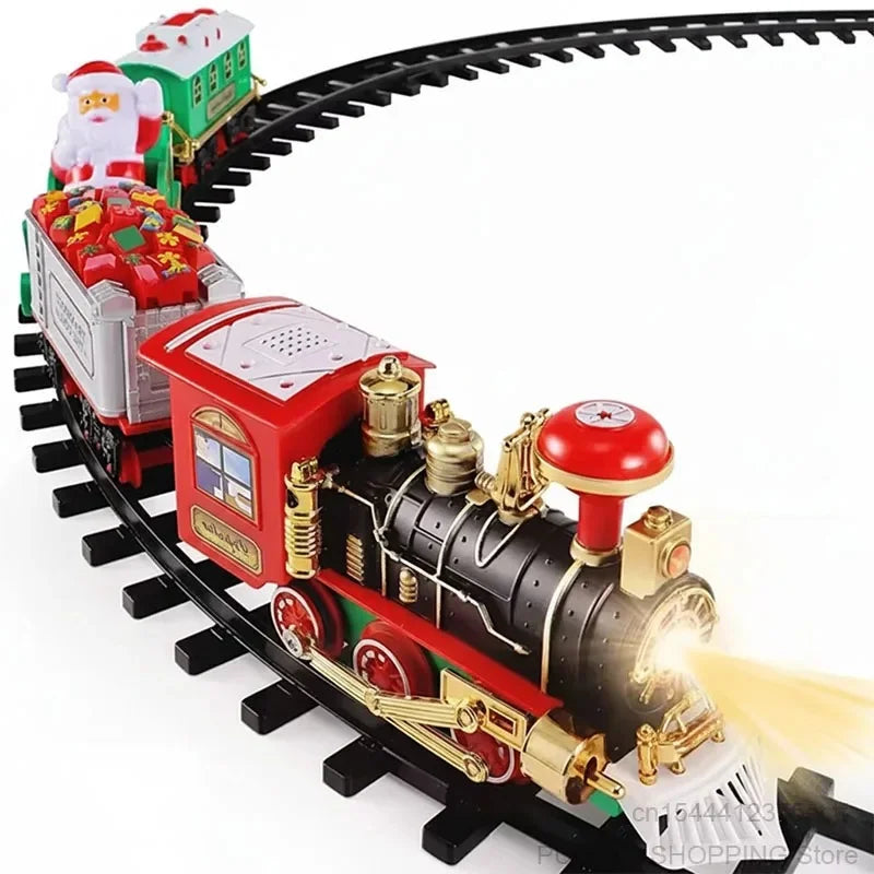 Red and gold Christmas train set circling decorated tree with vintage locomotive and Santa sleigh